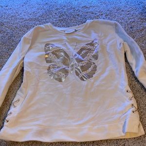 pull over long sleeve fuzzy shirt, butterfly gemstone design